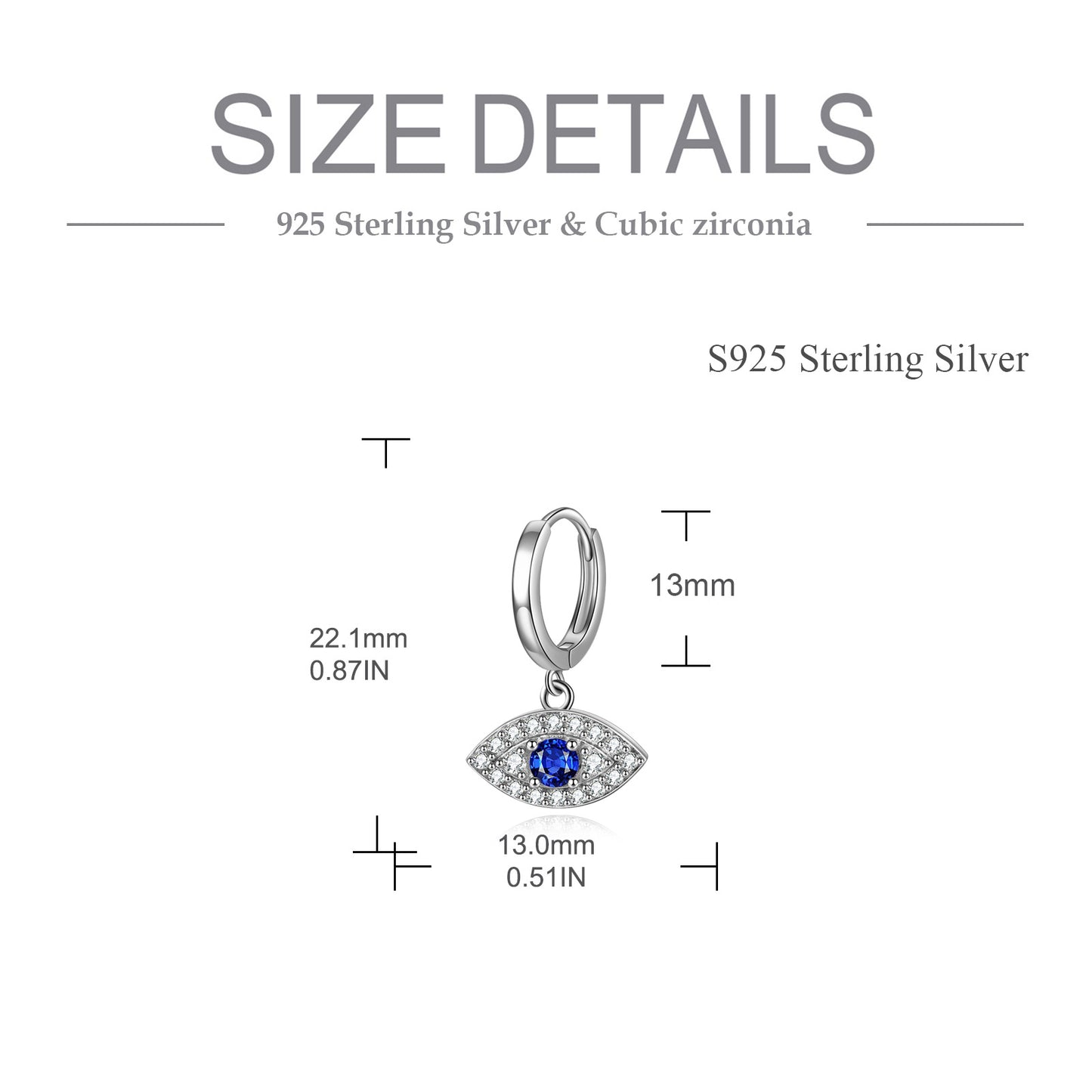 925 Sterling Silver Rhodium-Plated Blue And White Cubic Zirconia Evil Eye Dangle Round Hoop Earrings