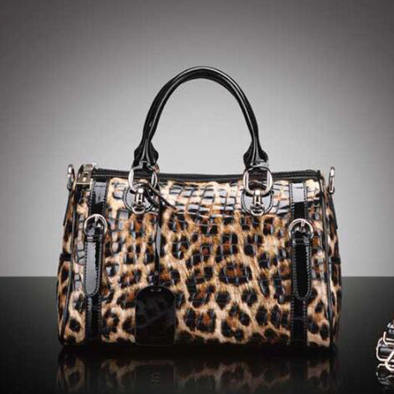 Genuine Leather Boston Handbag in Leopard Print