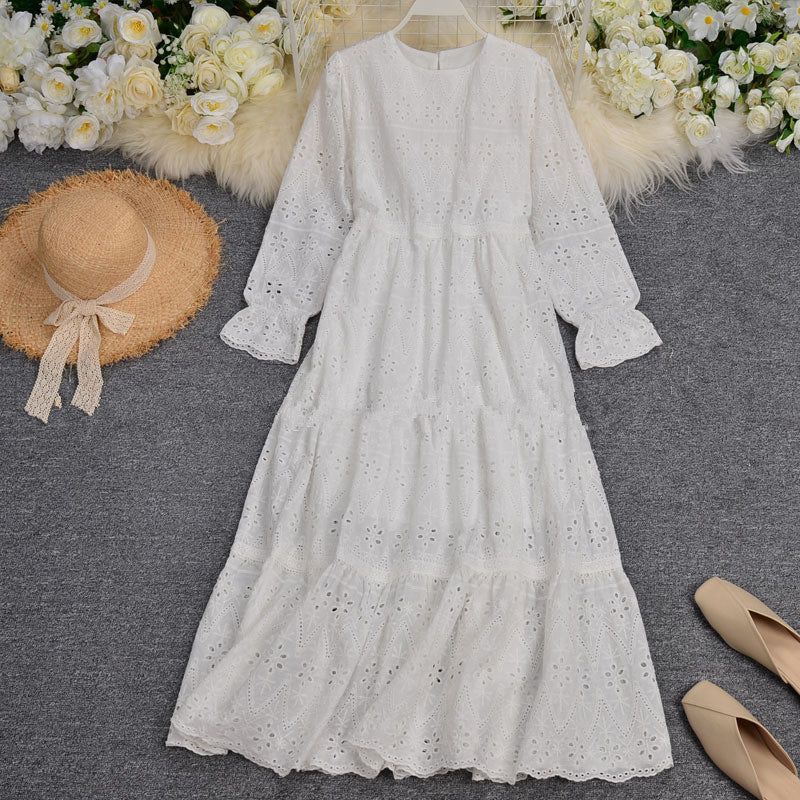 Embroidery Hollow Out Bubble Sleeve Medium Length Dress