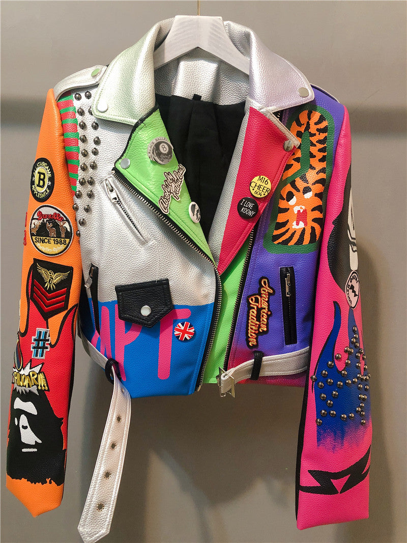 Women Cropped Leather Jacket Hip hop Colorful Studded Coat Motorcycle Punk belt