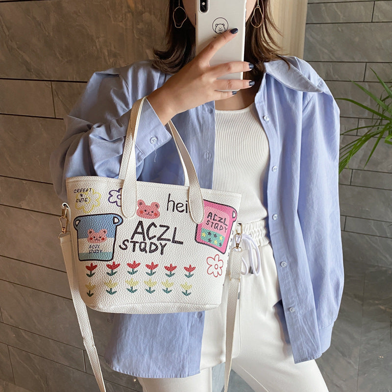 Female cartoon doodle bucket bag