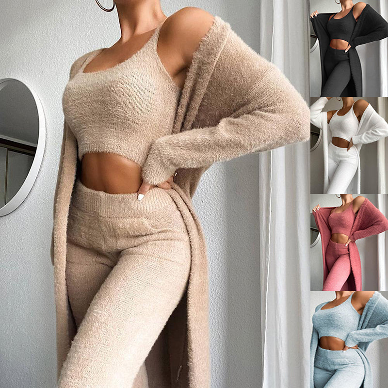 Cozy Pajama Set, 3 Piece Lounge Set, Cute Loungewear, Warm Suit Sets, Matching Set, Lounge Set, 3 Piece Pant Sets, Solid Color Fluffy Lounge Set