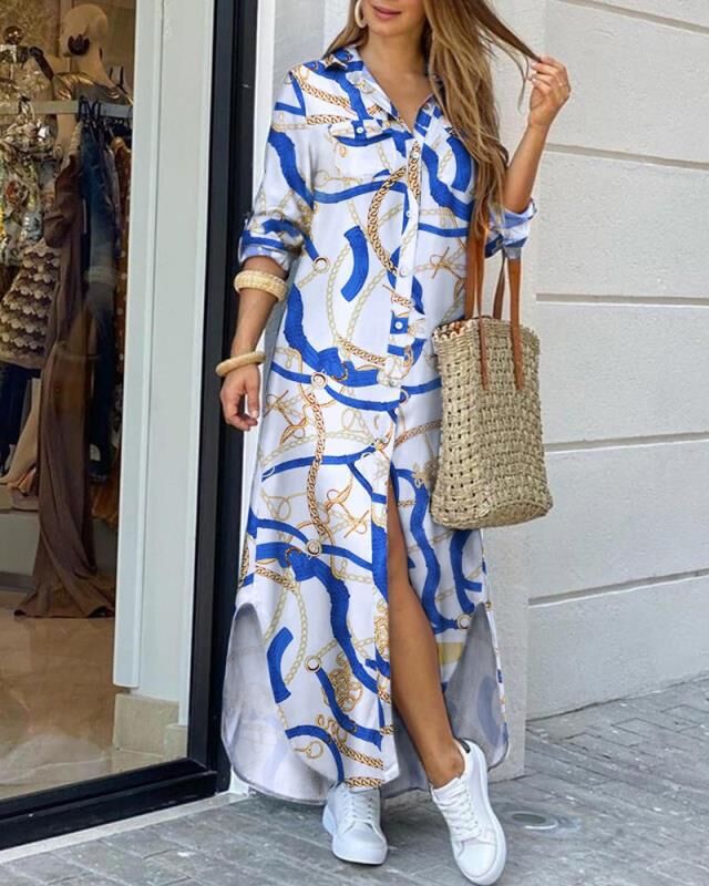 Fashion long sleeve chain print shirt dress