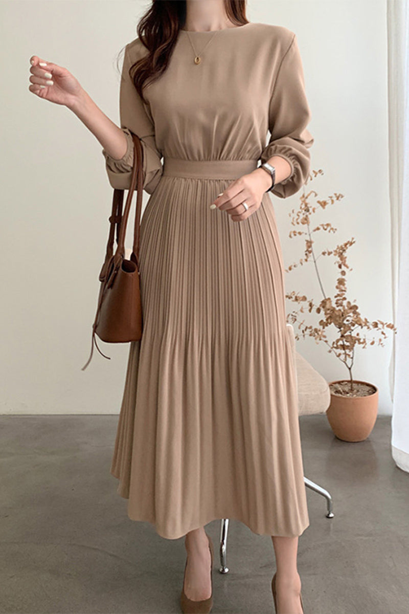 Women's Over Knee Long Sleeve Pleated Dress