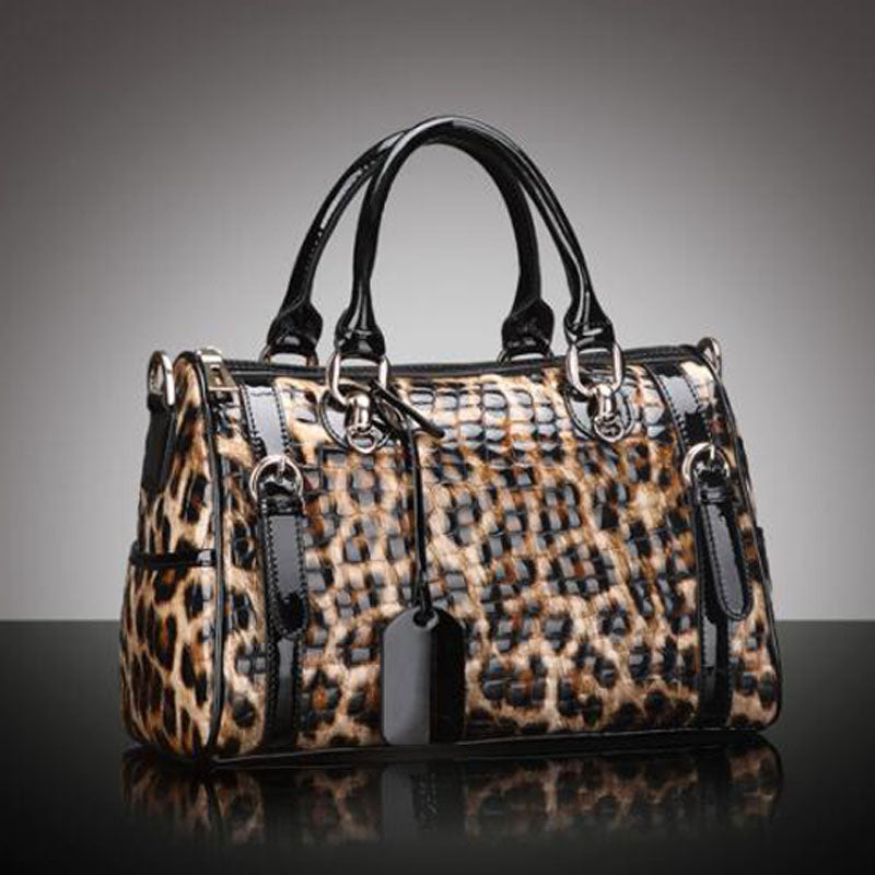 Genuine Leather Boston Handbag in Leopard Print