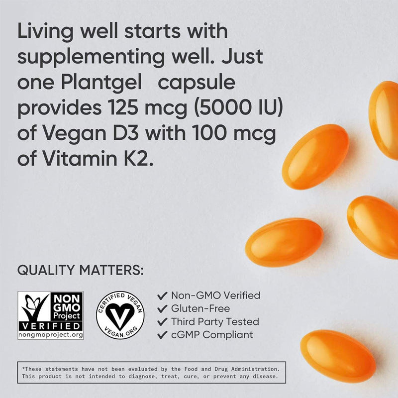 Vegan D3 5000iu + Vitamin K2 100mcg (60 veggie softgels)coconut oil vitality in a soft gel