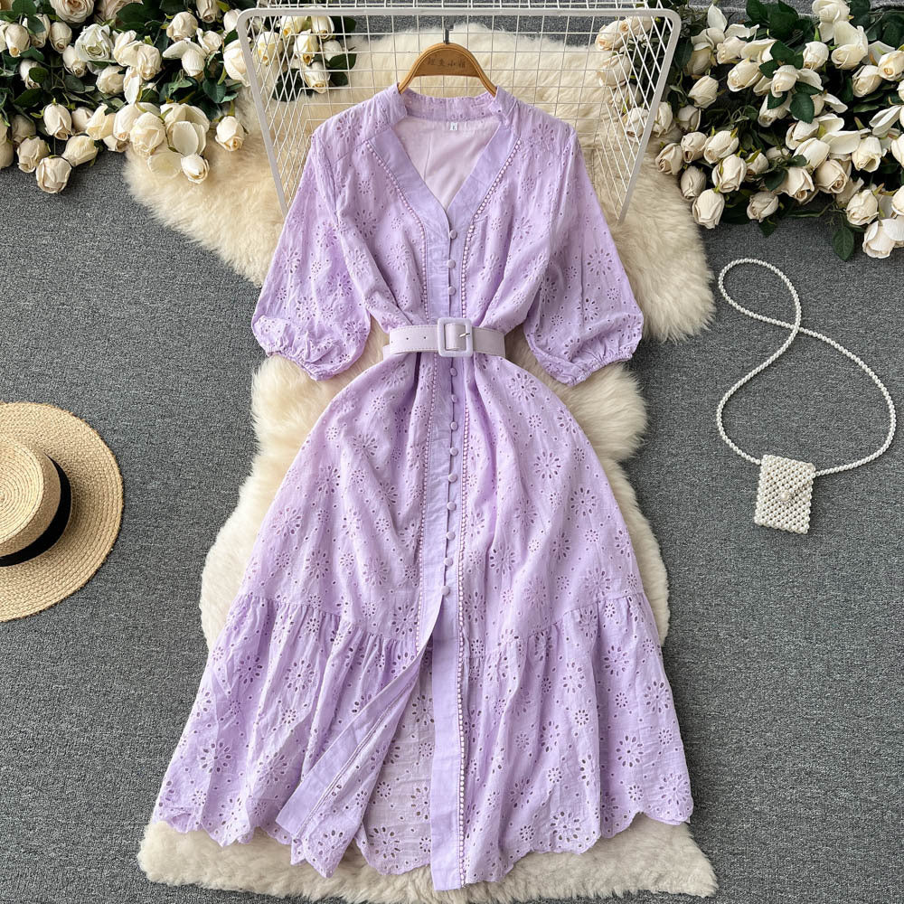 V-neck Hollow Dress Women's Puff Sleeve