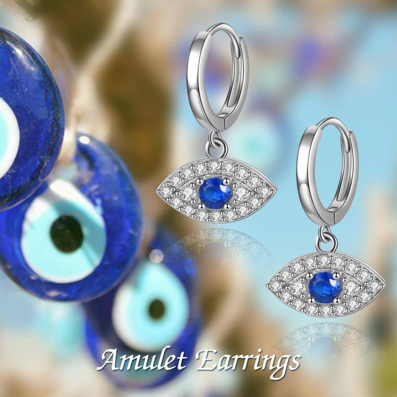 925 Sterling Silver Rhodium-Plated Blue And White Cubic Zirconia Evil Eye Dangle Round Hoop Earrings