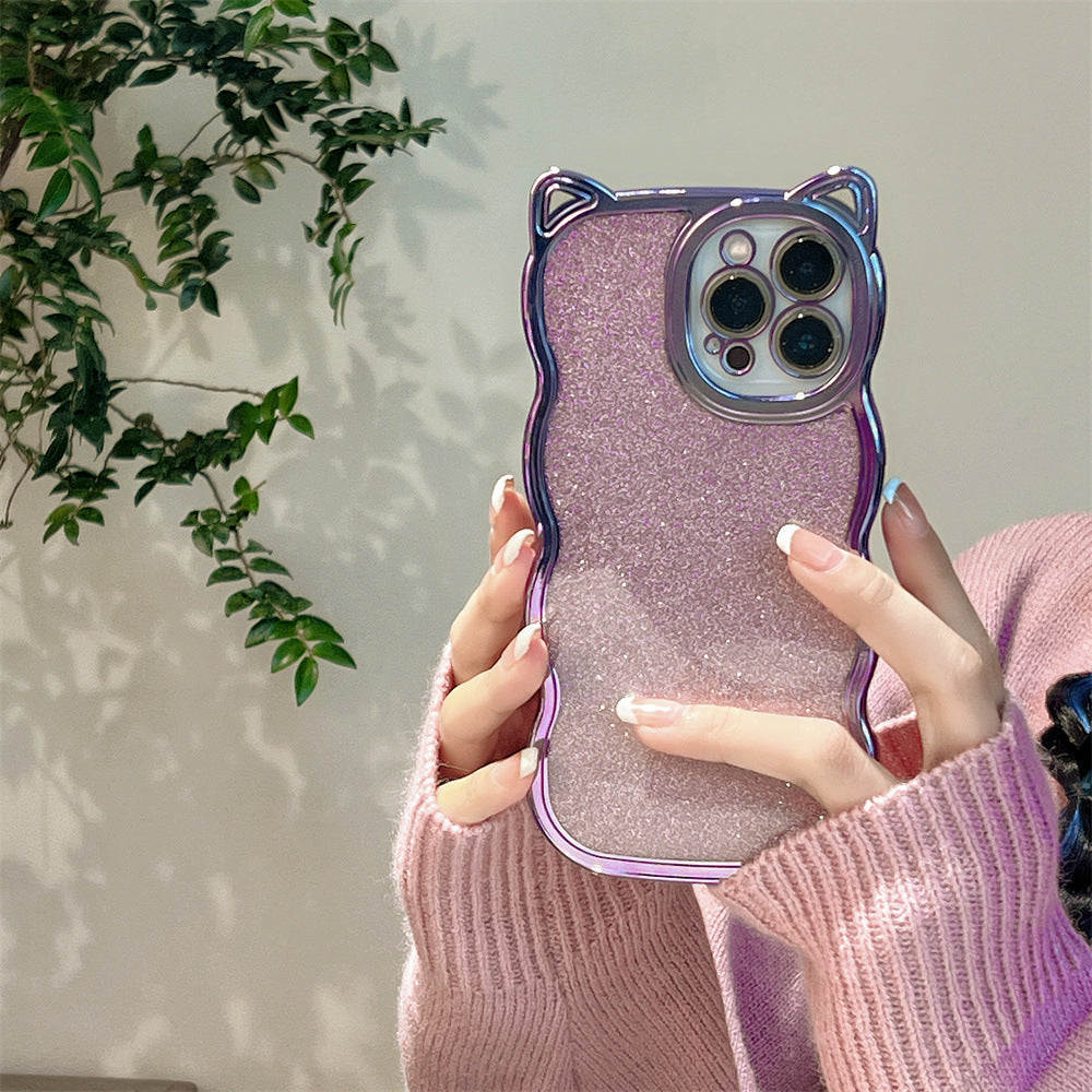 Creative Dark Purple Glitter Pink Cat's Ears Steamed Cat-ear Shaped Bread Phone Case