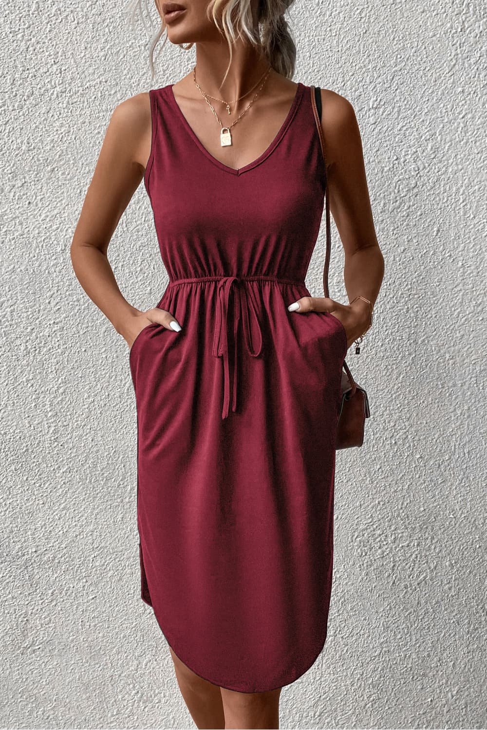 Perfee V-Neck Curved Hem Sleeveless Dress