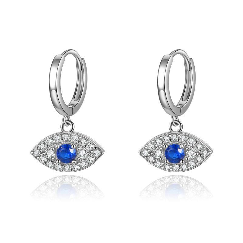 925 Sterling Silver Rhodium-Plated Blue And White Cubic Zirconia Evil Eye Dangle Round Hoop Earrings