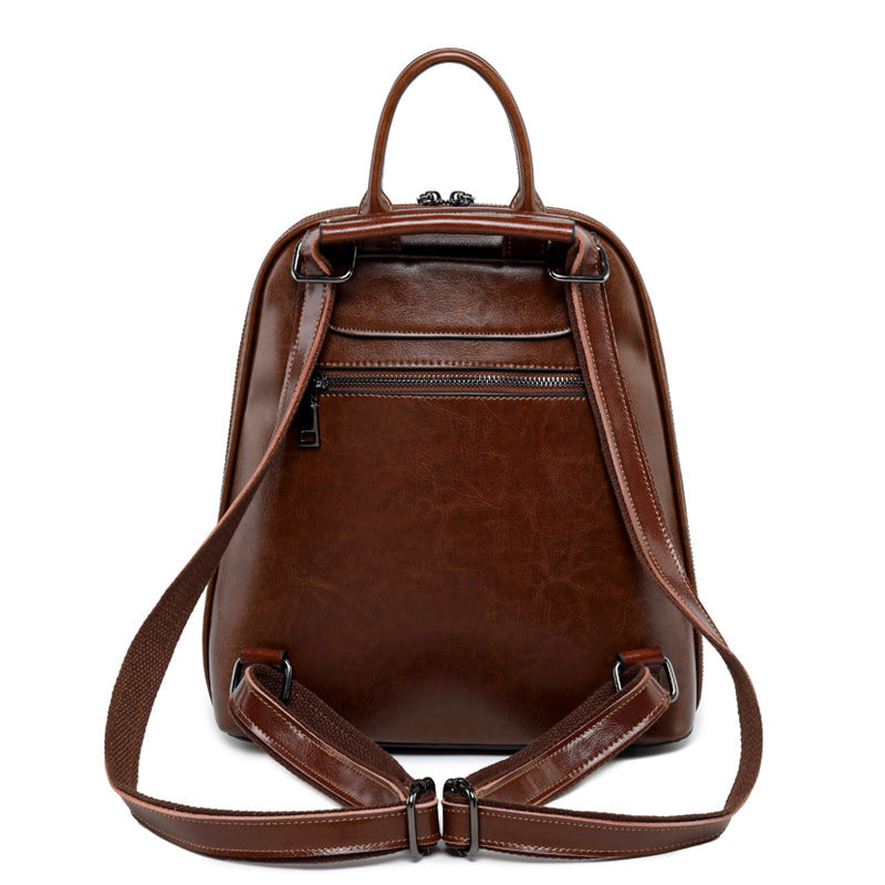 Coffee Genuine Leather Top Handle Zipper Everyday Backpack