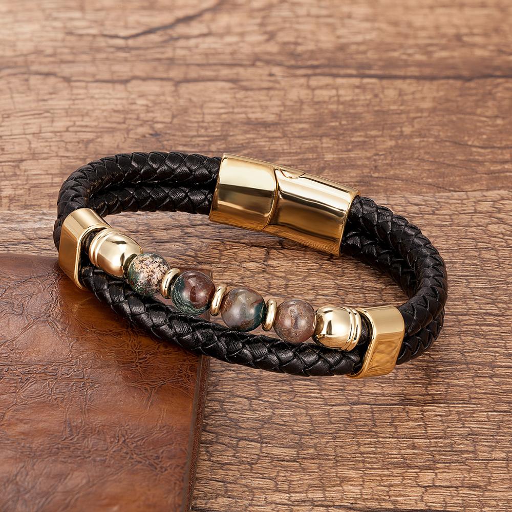 Stone Leather Bracelet Stainless Steel Magnet Buckle Pulsera para Hombre en Cuero y Jade – Power