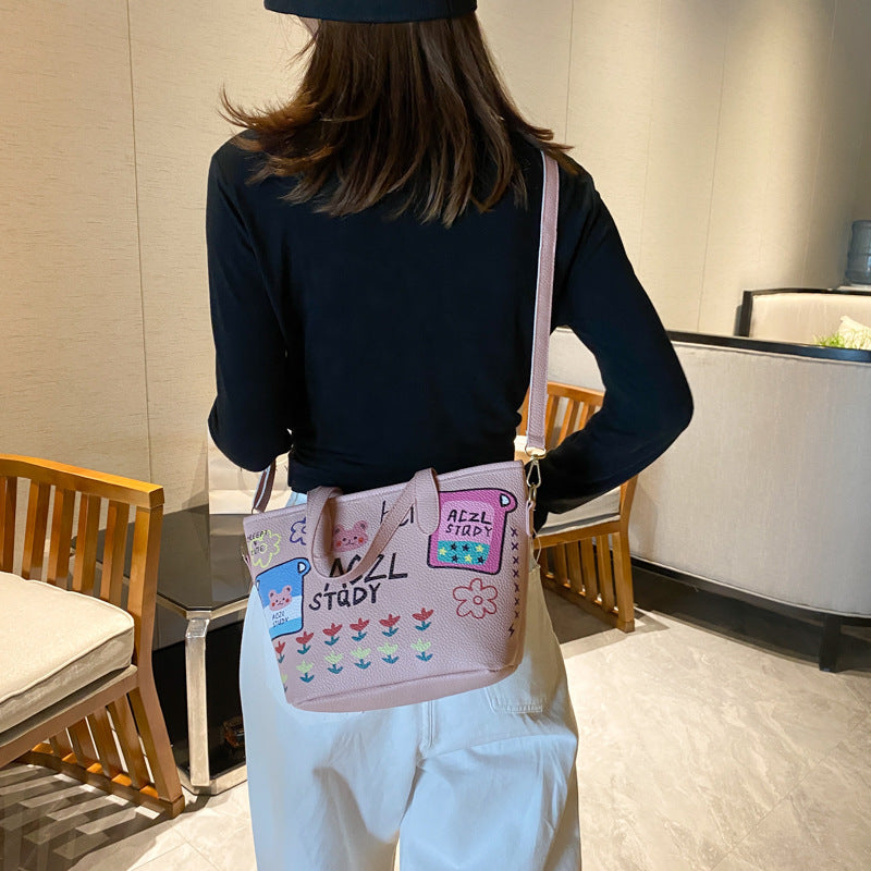 Female cartoon doodle bucket bag