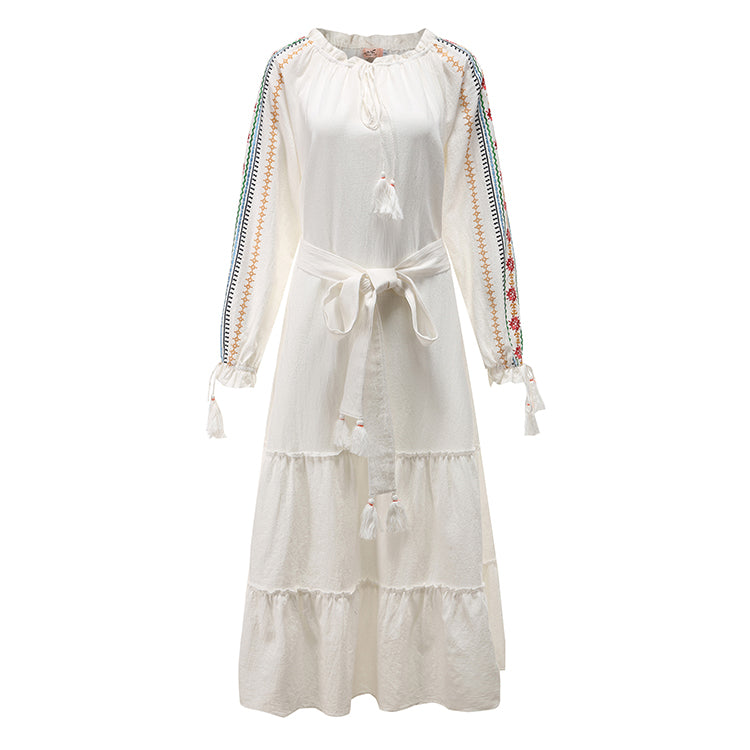 Embroidered Floral Tie Fringe Long Sleeve Dress