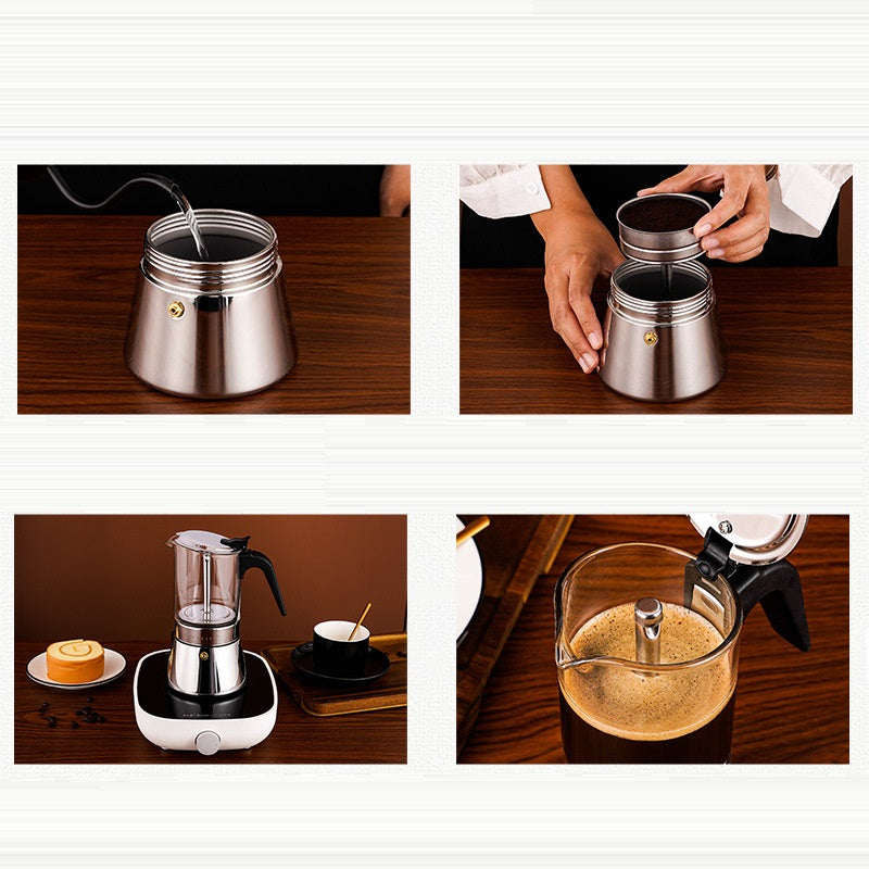 Convenient Glass Stainless Steel Coffee Mocha Pot borosilicate