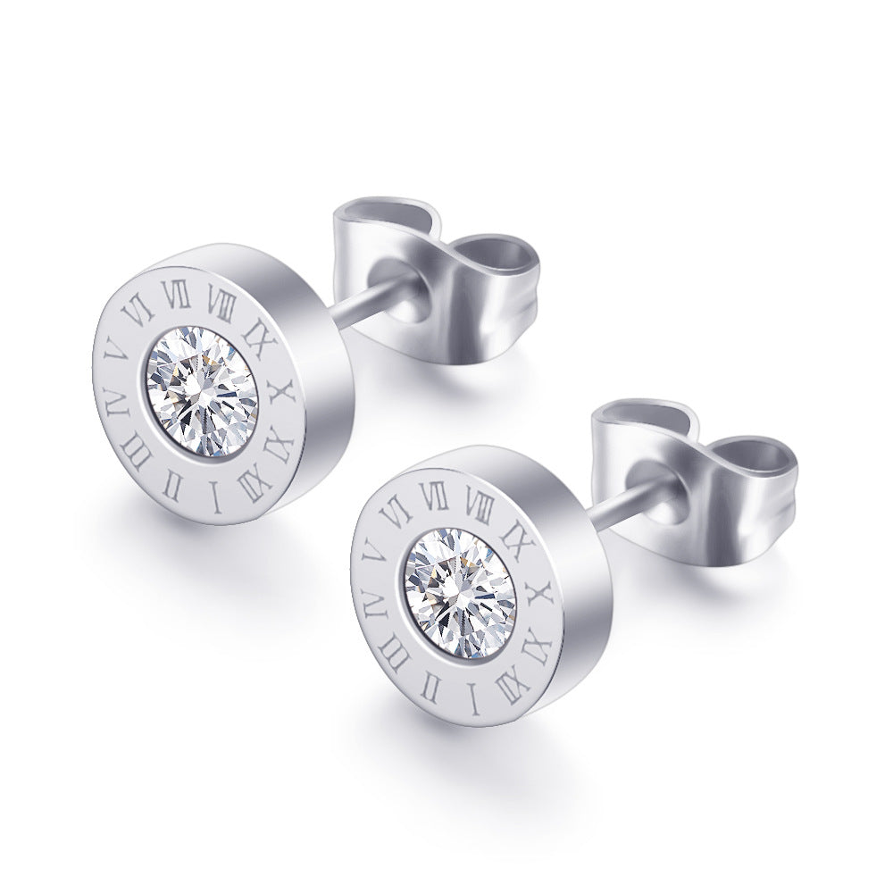 Roman Numerals and Diamond Stud Earrings titanium no fade