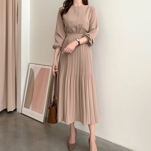 Women's Over Knee Long Sleeve Pleated Dress