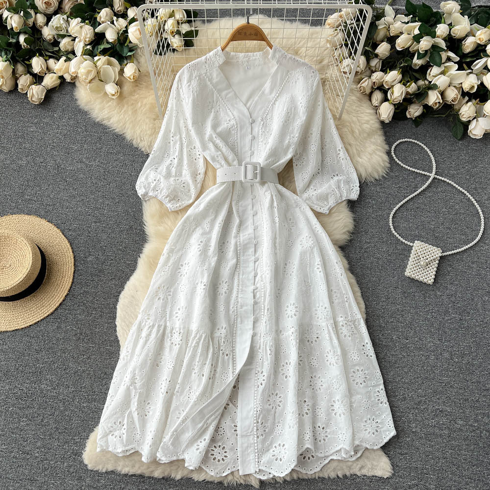 V-neck Hollow Dress Women's Puff Sleeve