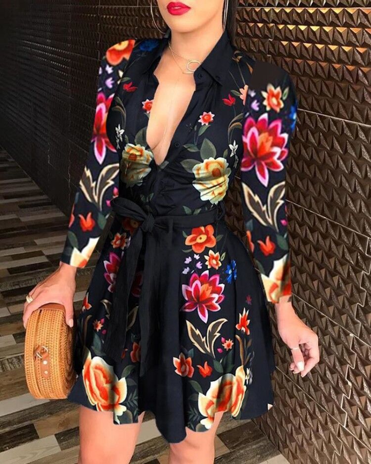 Long Sleeve V-Neck Tie Fashion Print Dress