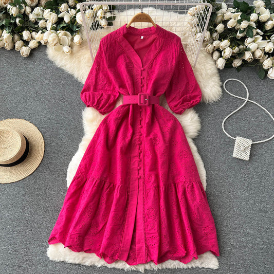 V-neck Hollow Dress Women's Puff Sleeve