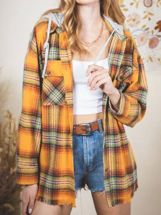 Raw Hem Plaid Long Sleeve Hooded Jacket