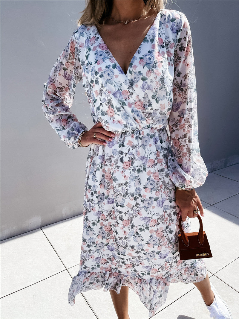 Fashion Long Sleeve Floral Waist Chiffon Dress