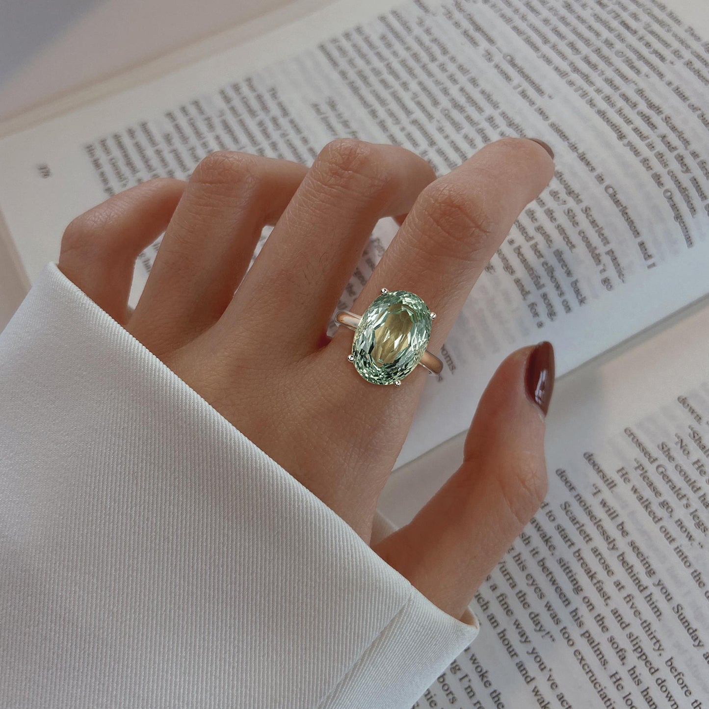 Luxury Retro 925 Sterling Silver Ring Large Grain Natural Green Amethyst Gemstone Inlaid Ring