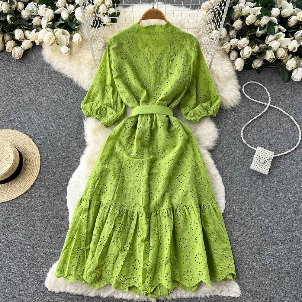 V-neck Hollow Dress Women's Puff Sleeve