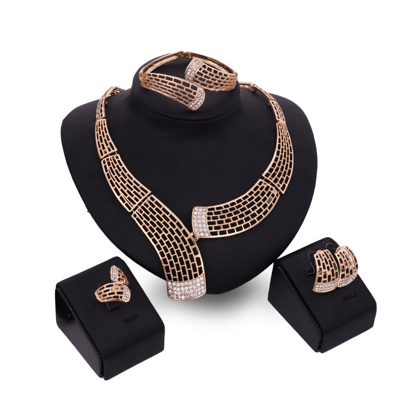 Fashion Alloy Hollow Textured Diamond Necklace Earrings Bracelet Ring Jewelry Set