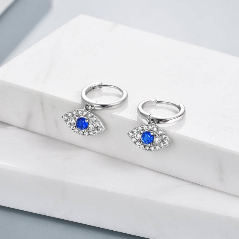 925 Sterling Silver Rhodium-Plated Blue And White Cubic Zirconia Evil Eye Dangle Round Hoop Earrings