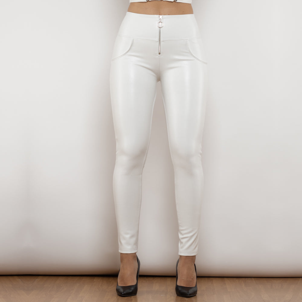 Shascullfites Melody Ring Zipper PU Leather Pants High Waist Elastic High Street Pants Trousers Push Up White Leather Leggings