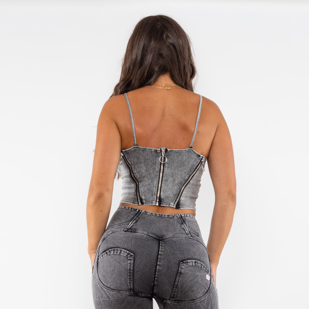 Shasculfites Melody Shapers New Original Grey Denim Camisole Zip Cropped Tank Top Clubwear Tank Top Streetwear