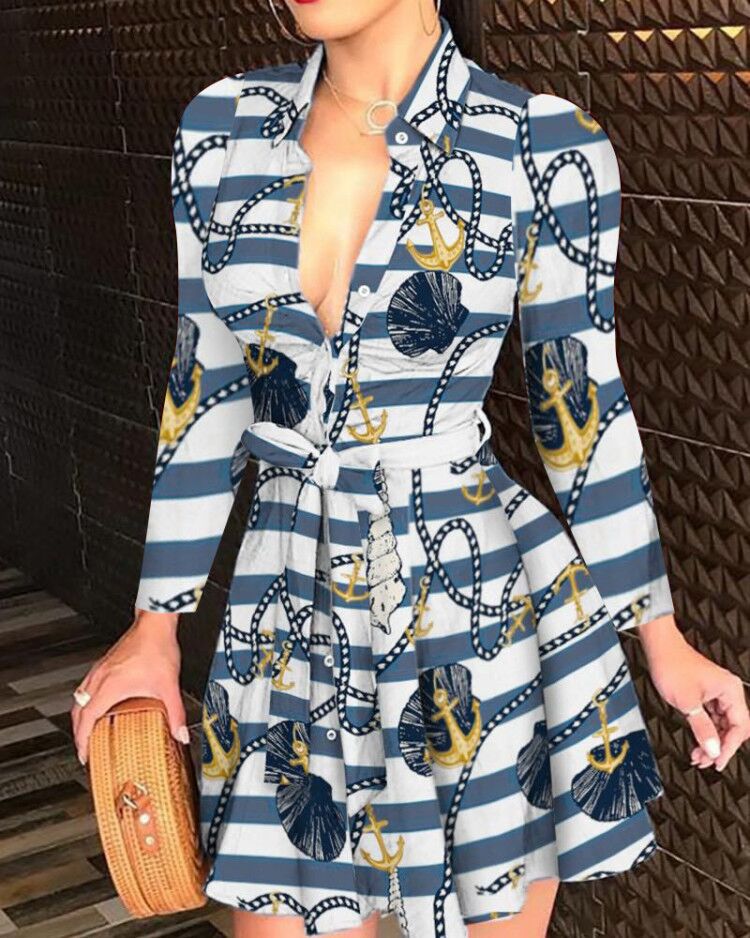 Long Sleeve V-Neck Tie Fashion Print Dress