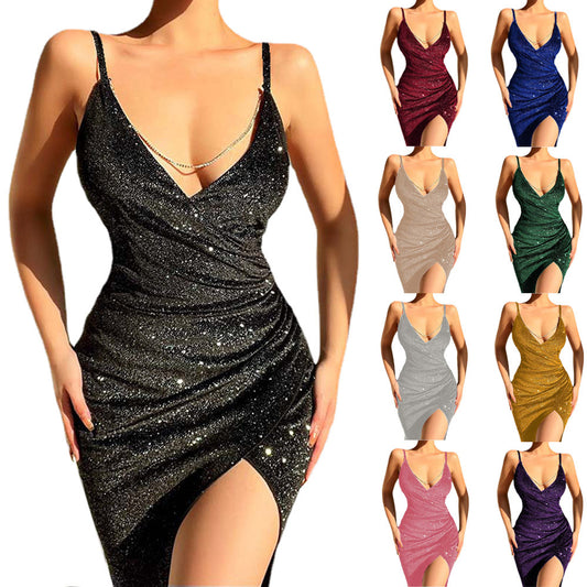 Low Cut Shiny Wrap High Slit Dress Elegant Spaghetti Strap Slim Party Dress Female Fashion Solid Irregular Clubwear