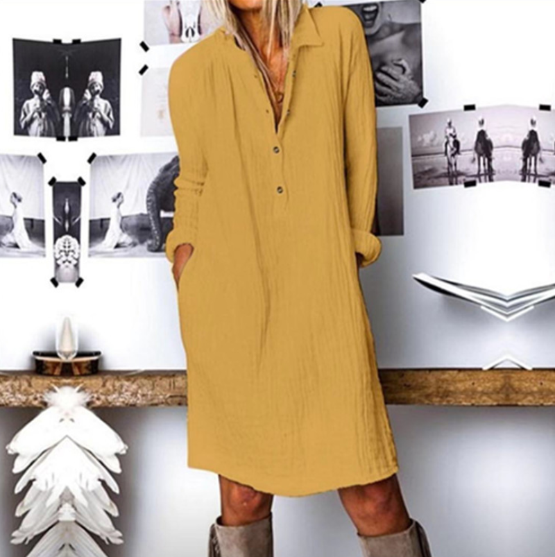 Ladies Loose Lapel Collar Dress Women Autumn With Pockets Button Down Dresses