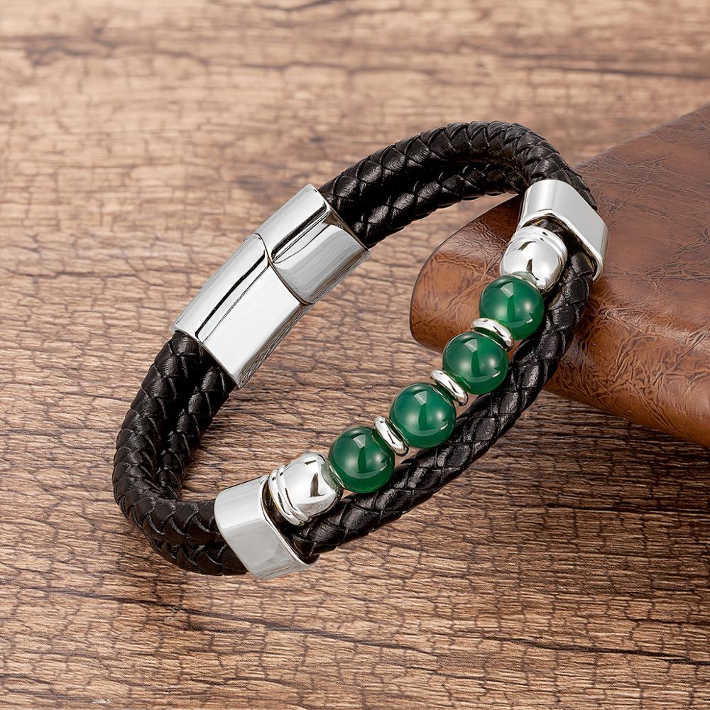 Stone Leather Bracelet Stainless Steel Magnet Buckle Pulsera para Hombre en Cuero y Jade – Power