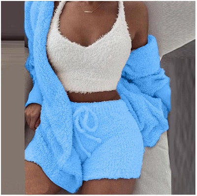 Go 3pcs Women Plush Pajamas Set Crop Top Cardigan and Shorts Sleepwear Jersey Lounge Set