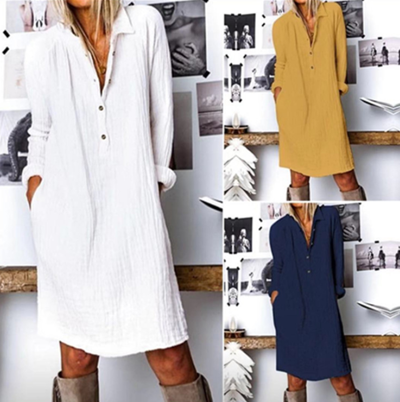 Ladies Loose Lapel Collar Dress Women Autumn With Pockets Button Down Dresses