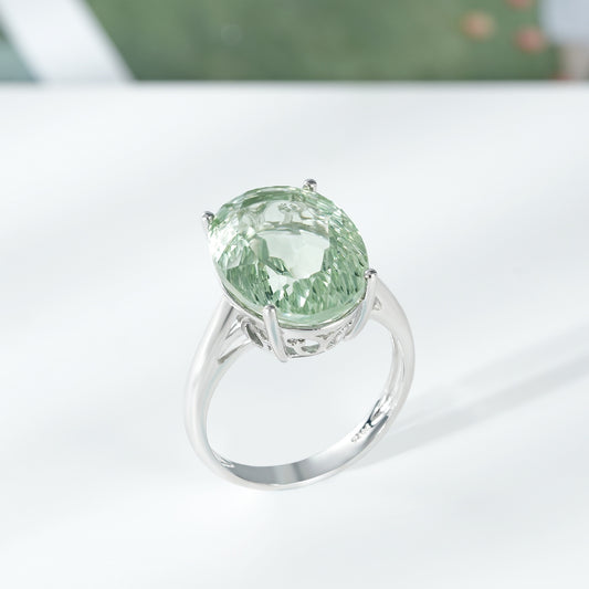 Luxury Retro 925 Sterling Silver Ring Large Grain Natural Green Amethyst Gemstone Inlaid Ring