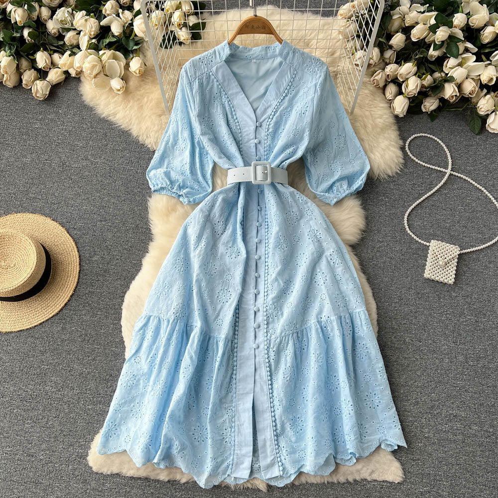 V-neck Hollow Dress Women's Puff Sleeve