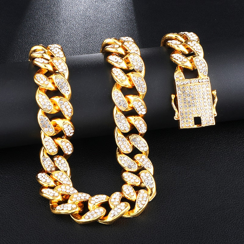 Cuban link necklace 20MM Full Iced Out Paved Rhinestones  Cuban Chain CZ Necklaces For Men Jewelry gold plated