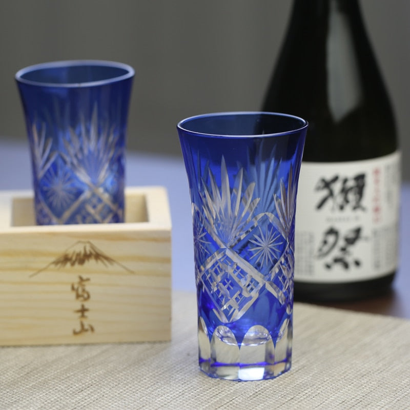 Collection Drinkware Glasses Handcraft Edo-Kiriko (Cut Glass) cristal red ruby and blue carved