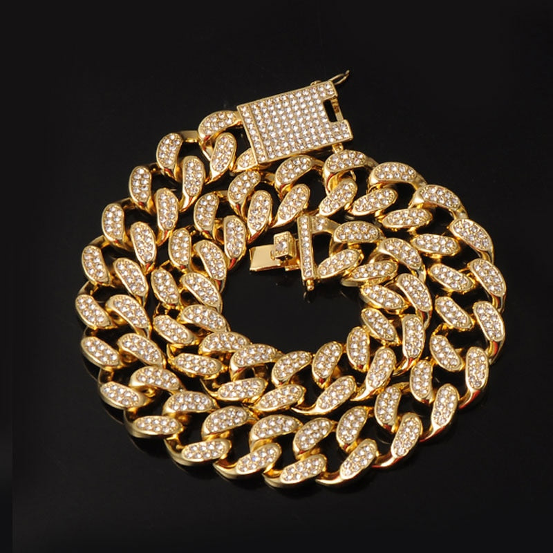 Cuban link necklace 20MM Full Iced Out Paved Rhinestones  Cuban Chain CZ Necklaces For Men Jewelry gold plated