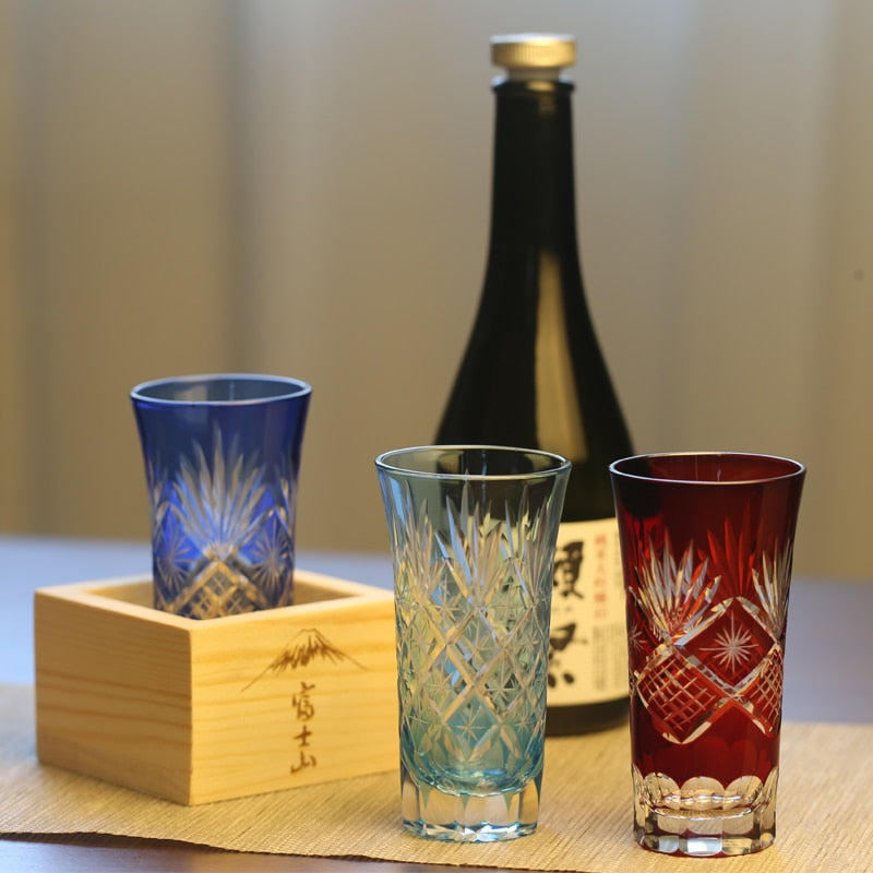 Collection Drinkware Glasses Handcraft Edo-Kiriko (Cut Glass) cristal red ruby and blue carved