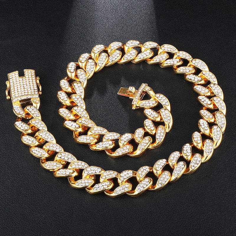 Cuban link necklace 20MM Full Iced Out Paved Rhinestones  Cuban Chain CZ Necklaces For Men Jewelry gold plated