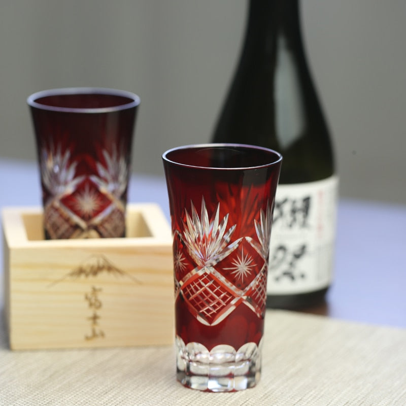 Collection Drinkware Glasses Handcraft Edo-Kiriko (Cut Glass) cristal red ruby and blue carved