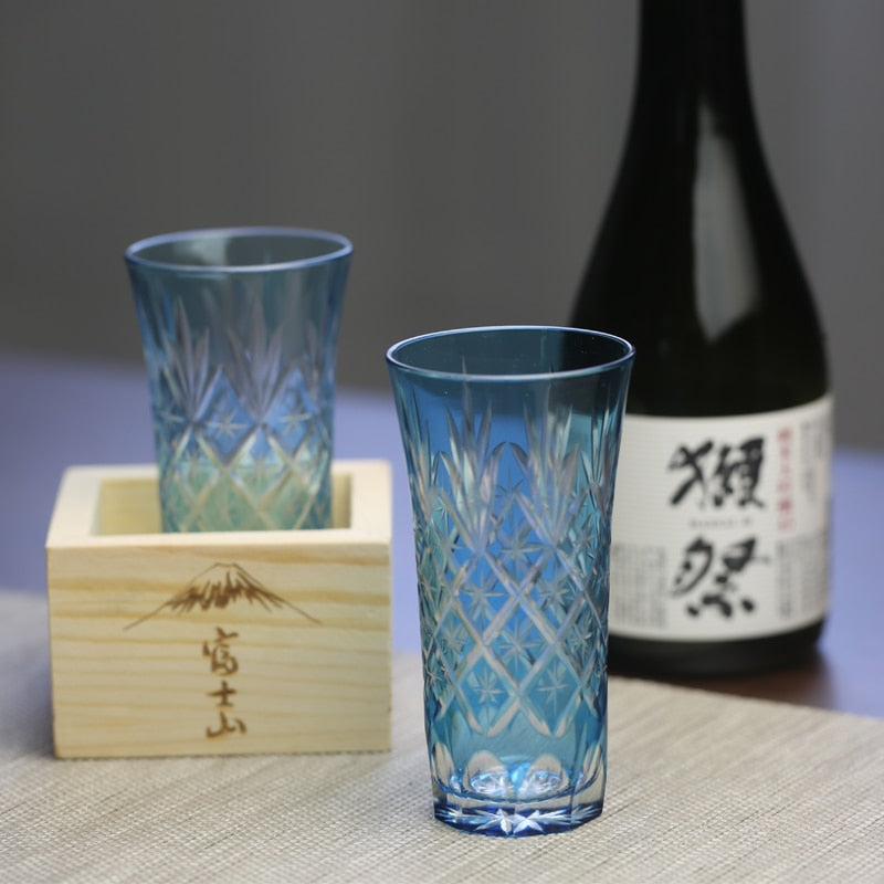 Collection Drinkware Glasses Handcraft Edo-Kiriko (Cut Glass) cristal red ruby and blue carved