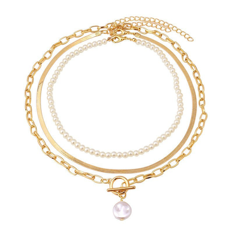 Elegant Multi-layer Pearl Personality All-match Chain Like Flat Snake Baroque Necklace