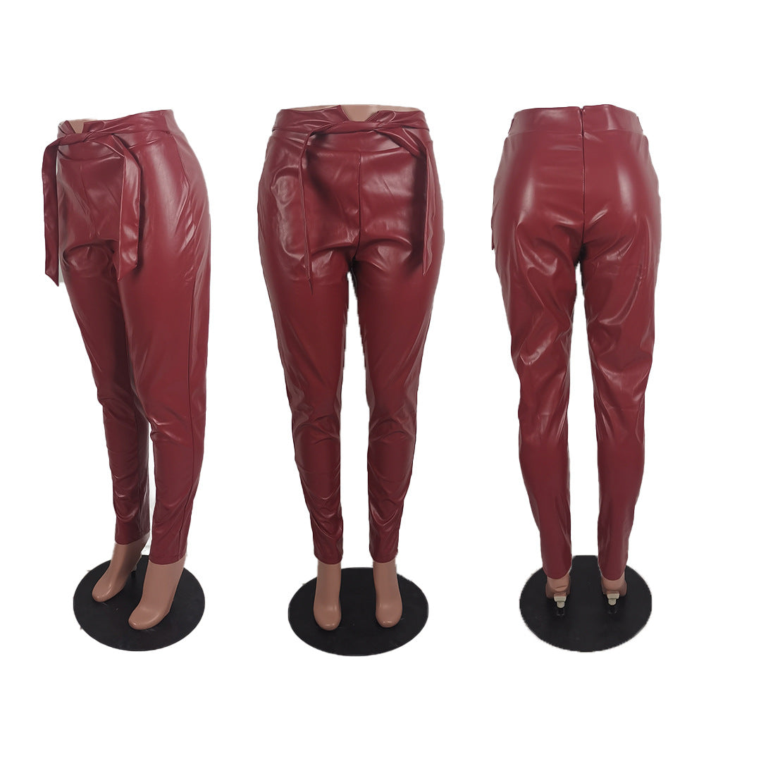 Autumn And Winter European And American Casual Solid Color Leather Pants